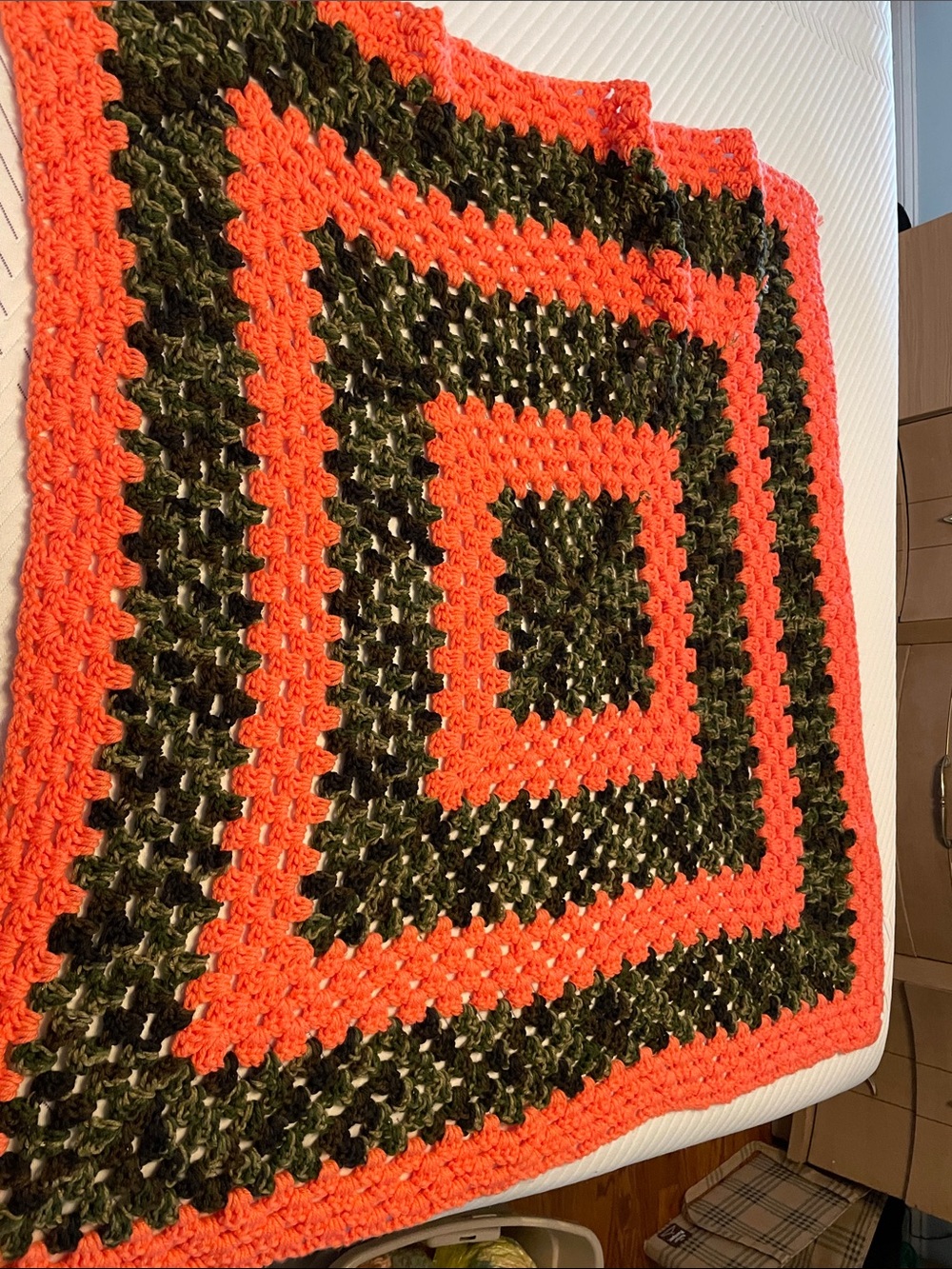 39” Handmade Orange and Green Crochet granny square Throw